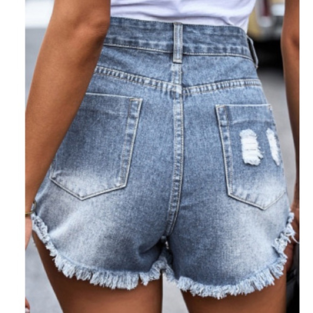 Silver Sequin Pocket Distressed Denim Shorts - Picture 4 of 5